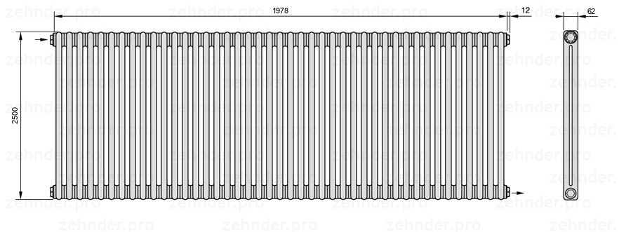 Схема (чертеж) Радиатор Zehnder Charleston 2250/43 №1670 Белый глянцевый RAL 9016